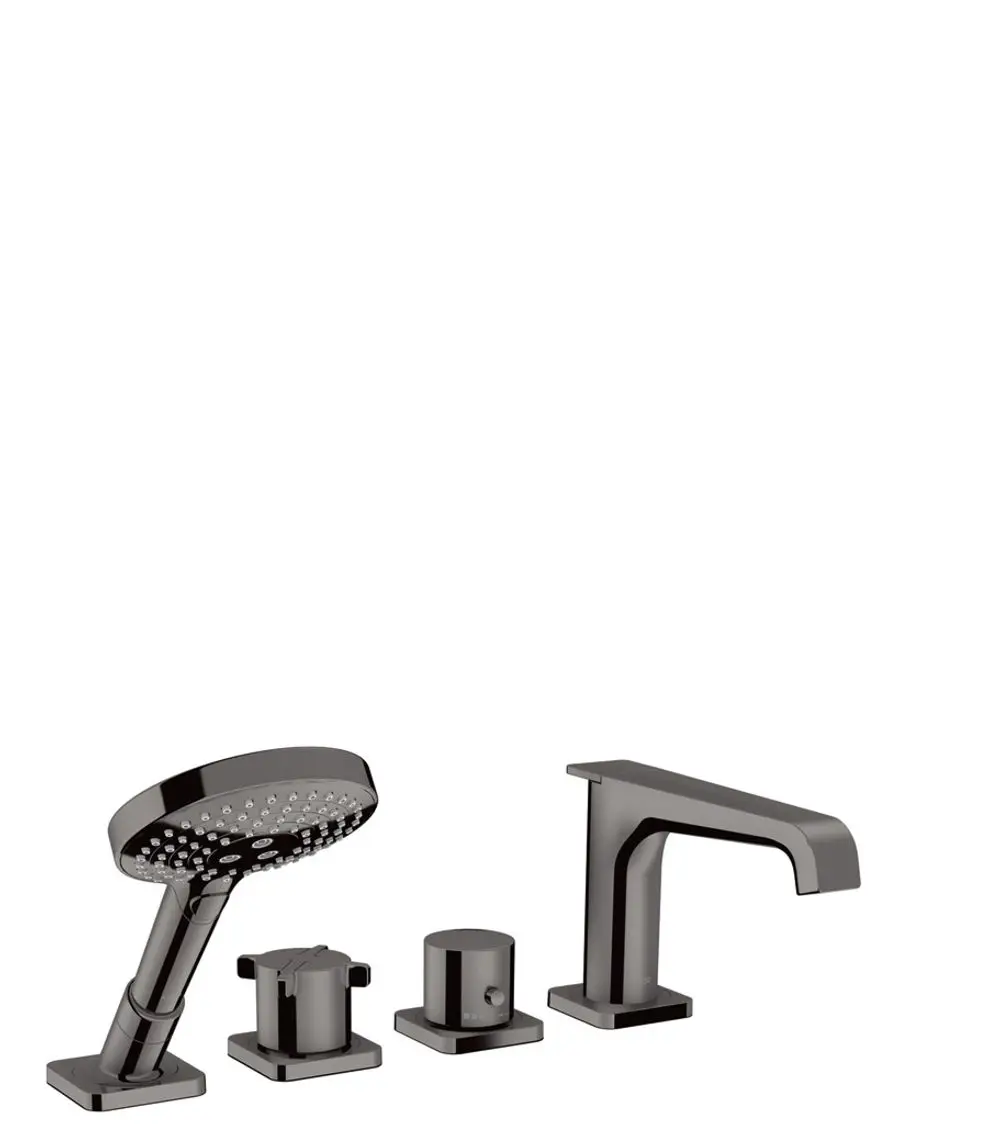 AXOR Wannenrandarmatur in Polished Black Chrome, bestehend aus zwei Bediengriffen, einem Wasserhahn und einer Handbrause, auf quadratischen Basisplatten montiert.
